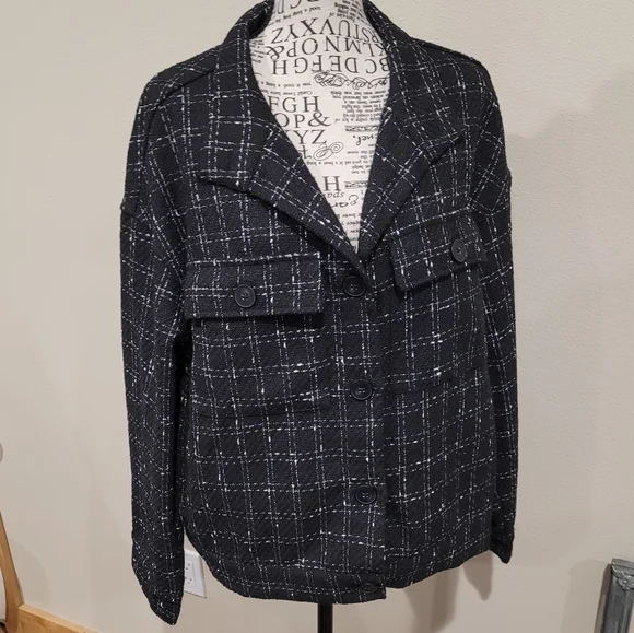 Sanctuary Wool blend Blazer Jacket Women's SZ M black white plaid trendy cut - Picture 1 of 9